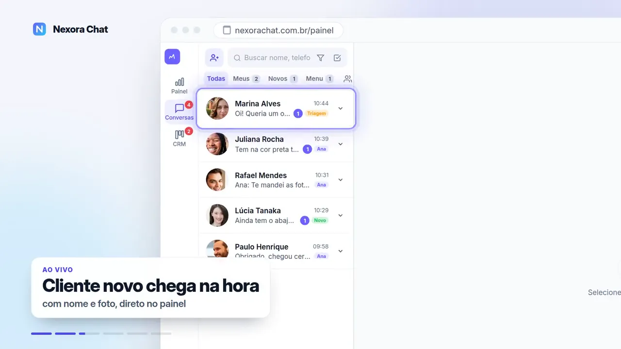 Painel do Nexora Chat: uma cliente escolhe o setor no menu em enquete, a atendente assume a conversa e o gestor acompanha tudo.