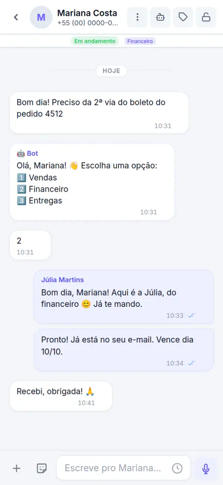 O painel do Nexora aberto no celular, na conversa de uma cliente.